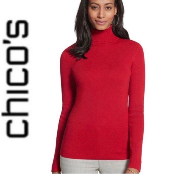 CHICO’S “DARCY” RED TURTLENECK SWEATER “Renaissance” RIBBED SIDES Size 2 - Picture 1 of 10